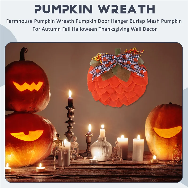 ABFI Farmhouse Pumpkin Wreath Pumpkin Door Hanger Burlap Mesh Pumpkin For Autumn Fall Halloween Thanksgiving Wall Decor