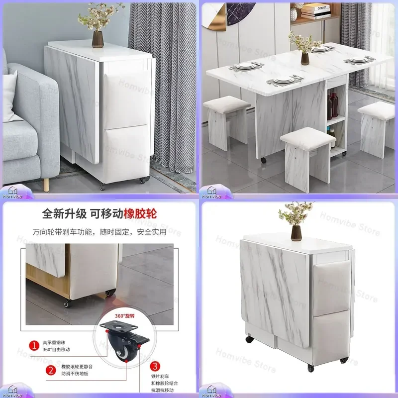 Folding Dining Table with Stool Integrated Household Simple Small Apartment Storage Movable Living Room Eating Table