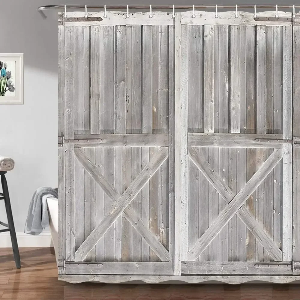 Rustic Wooden Barn Door Shower Curtain for Bathroom, Western Country Vintage Rural Farm House Door Fabric Bath Curtains Hooks