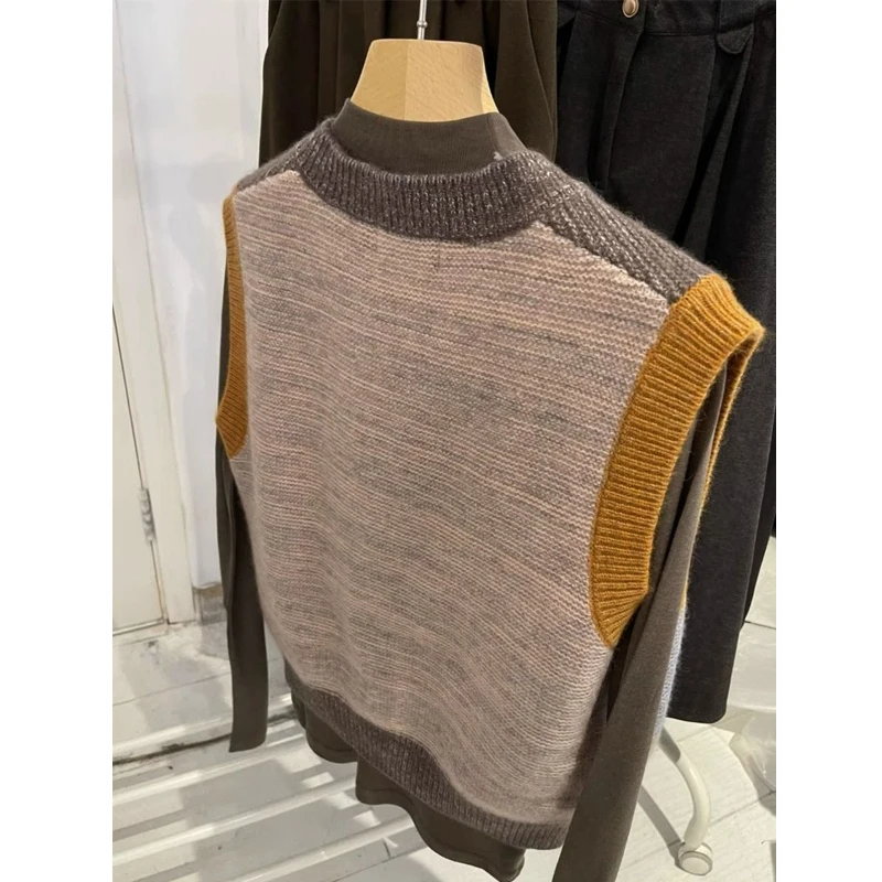 Women Clothing Vintage Contrast Color Patchwork Button Knitted Sweater Vest Simple O Neck Sleeveless Loose Outerwears Waistcoat