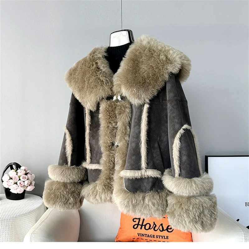 2023 Winter New Lamb Wool Fur Coat Female Rabbit Hair Warm Jacket Genuine Wool Collar Short Jacket JT445