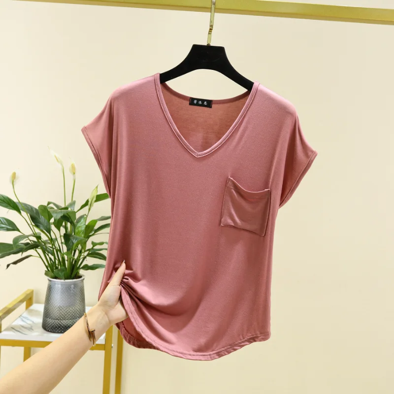 2024 new women\'s summer one-piece pajamas Modal short-sleeved top with thin solid color loose large V-neck household clothes