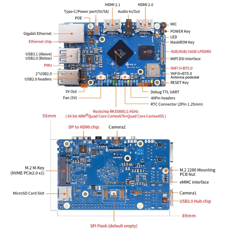 Imagem -06 - Processador Orange Pi5 Pro Rk3588s 8gb 4gb de Ram 8-core 64-bit Lpddr5 Gigabit Ethernet Wifi Bt5.0 Ble Sbc Board e Kit