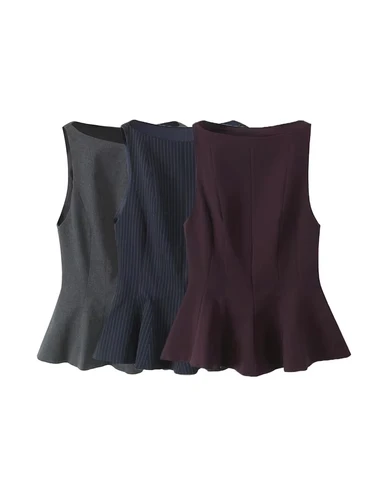 Blusas ajustadas con volantes para mujer, cuello redondo, sin mangas, cremallera lateral, camisas femeninas, tops elegantes, moda