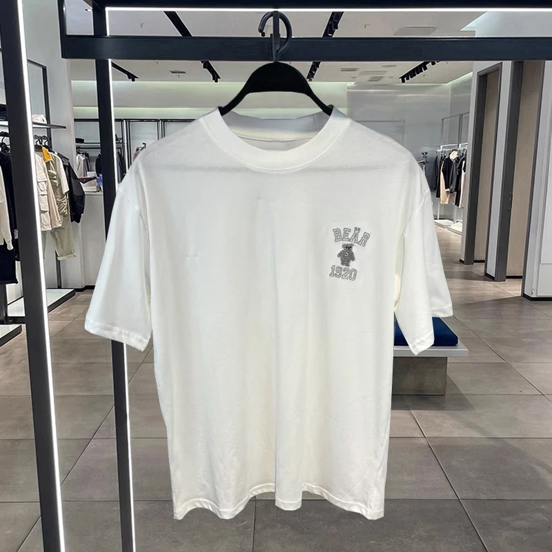 

Модная летняя футболка с круглым вырезом для мужчин, повседневная, с вышивкой медведя, с принтом, с коротким рукавом, молодежная, универсальная, свободного кроя, топ