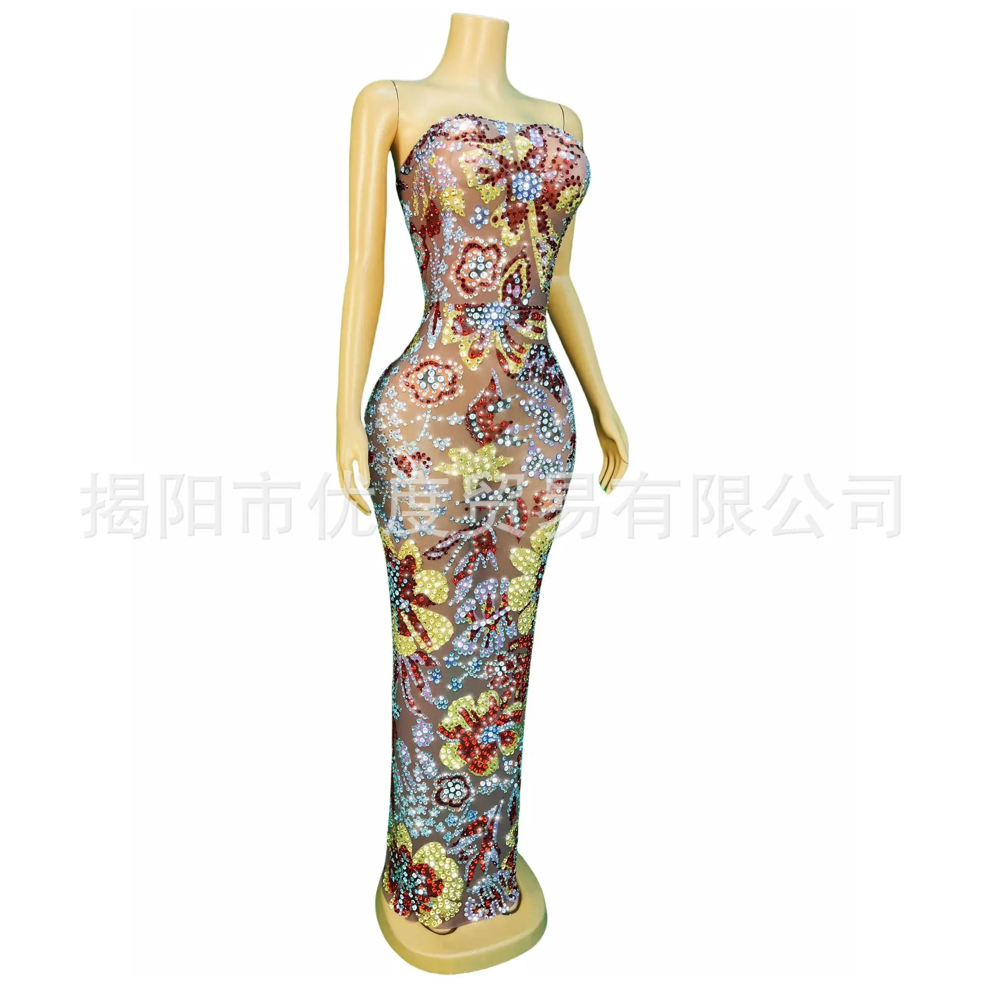 Personalized Niche Slim-fitting Pattern Heavy Rhinestone Dress Party Night Performance Dress A Hundred Flowers Bloom Ever Pretty
