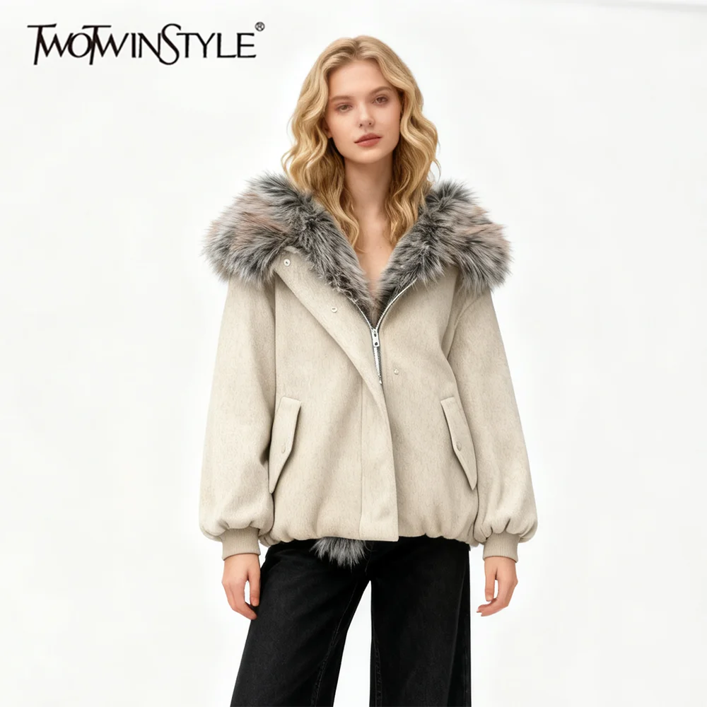 

TWOTWINSTYLE Fashion Loose Spliced Zipper Jackets for Women Hooded Collar Long Sleeves Patchwork Fur Jacket Female Autumn New