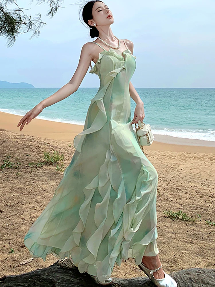 2024 New Green Chiffon Ruffled Luxury Sling Long Dress Summer Elegant Casual Beach Style Dress Women Korean Bodycon Party Dress