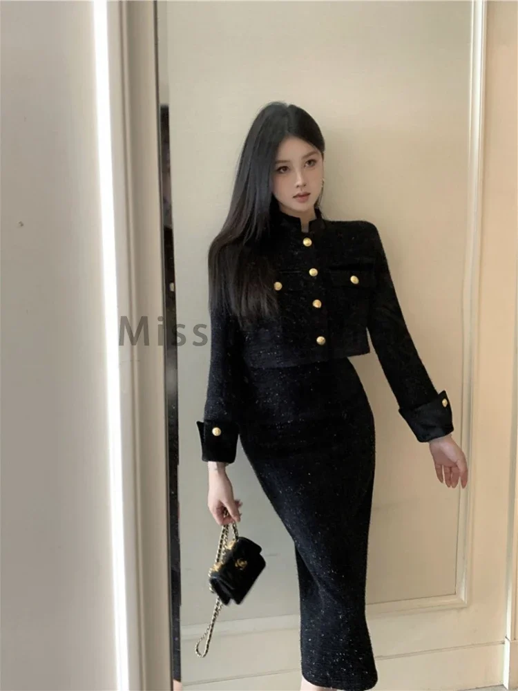 Autumn Winter French Vintage 2 Piece Set Women Korean Fashion Casual Party Suits Female Chic Long Sleeve Tops +Solid Skirt 2024