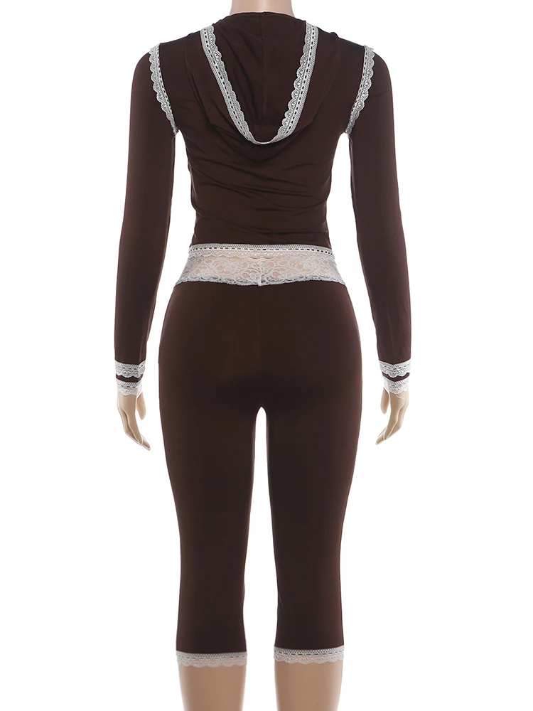 Weird Puss Spitzen-Patchwork 2-teiliges Set Damen Herbst-Trend Reißverschluss Kapuzenjacke mit langen Ärmeln + Skinny Crop-Hose High-Street-Style-Anzug – Detail 5