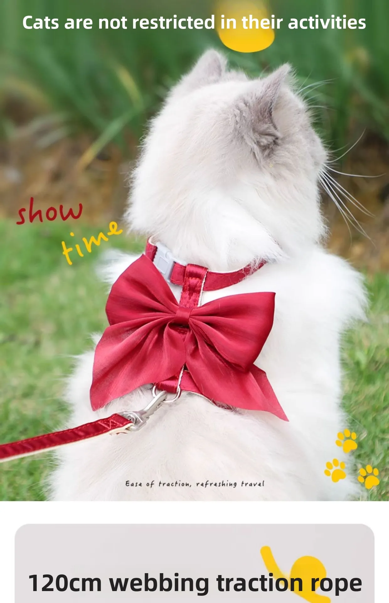 1 Stück 120cm Katzengeschirr-Set mit Großer Schleife, Niedliches Haustier-Brustgeschirr für Spaziergänge im Freien, Atmungsaktiver Weicher Sicherheitsgurt für Kleine Hunde und Kätzchen – Detail 4