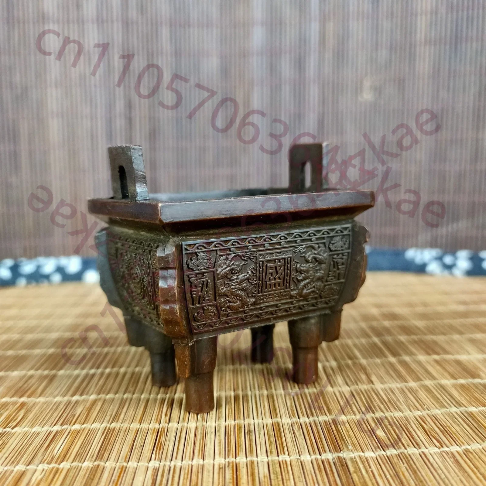 Chinese Antique Copper Double Dragon Sheng Ding Line Incense Burner