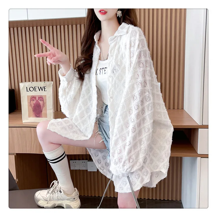 Lace Spliced Shirts Women Loose Cardigan Solid T Shirt Long Sleeve Casual Blouses Turn Down Neck Open Stitch Lady Summer 4