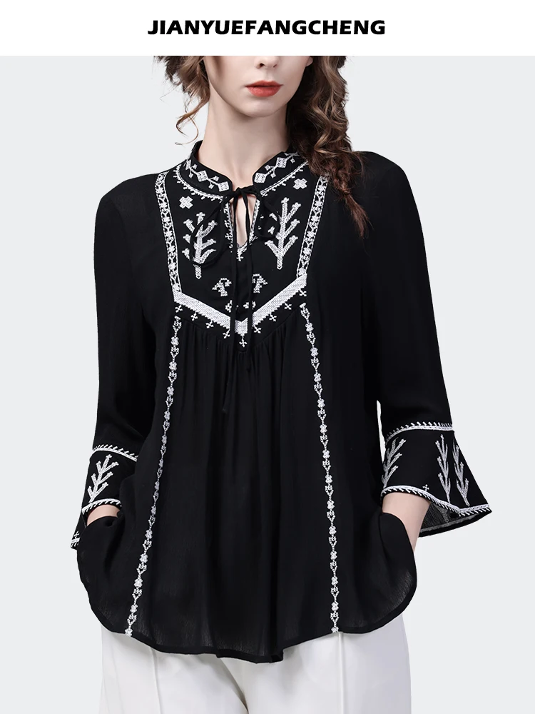 Vintage Ethnic Style Women Black Embroidered Shirt Loose Plus Size Stand Collar Flared Sleeve 2023 Spring Summer Tops Blouses