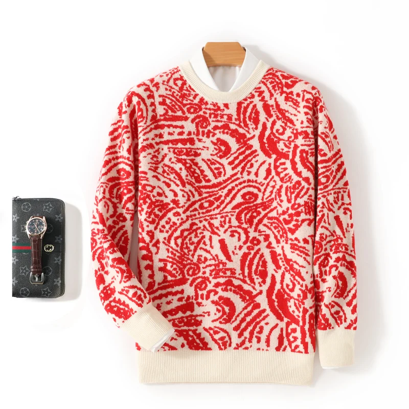 Christmas Red Jacquard Long Sleeve Wool Sweater for Men Knitted Jumper Thickened Cold Cold-Proof Sweaters Autumn Winter Pullover