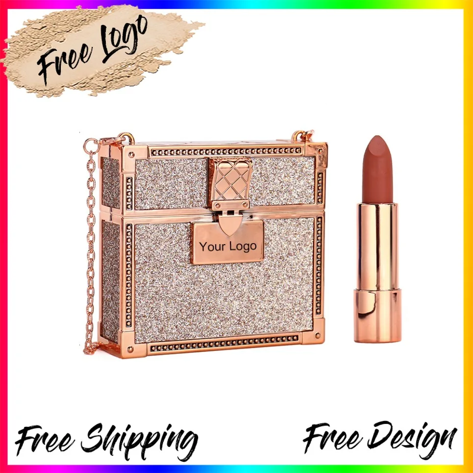 

Vegan Wholesale Makeup Lip Stick Kit Private Label 3PCS/Set Chain Bag Press Pop Up Tube Lipstick Set Custom Logo