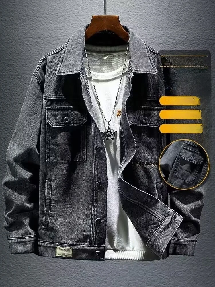 

Свободный повседневный джинсовый джинсовый джинт для мужчин, весенне-осенняя модная американская рабочая одежда с воротником, модный топ молодежных продаж