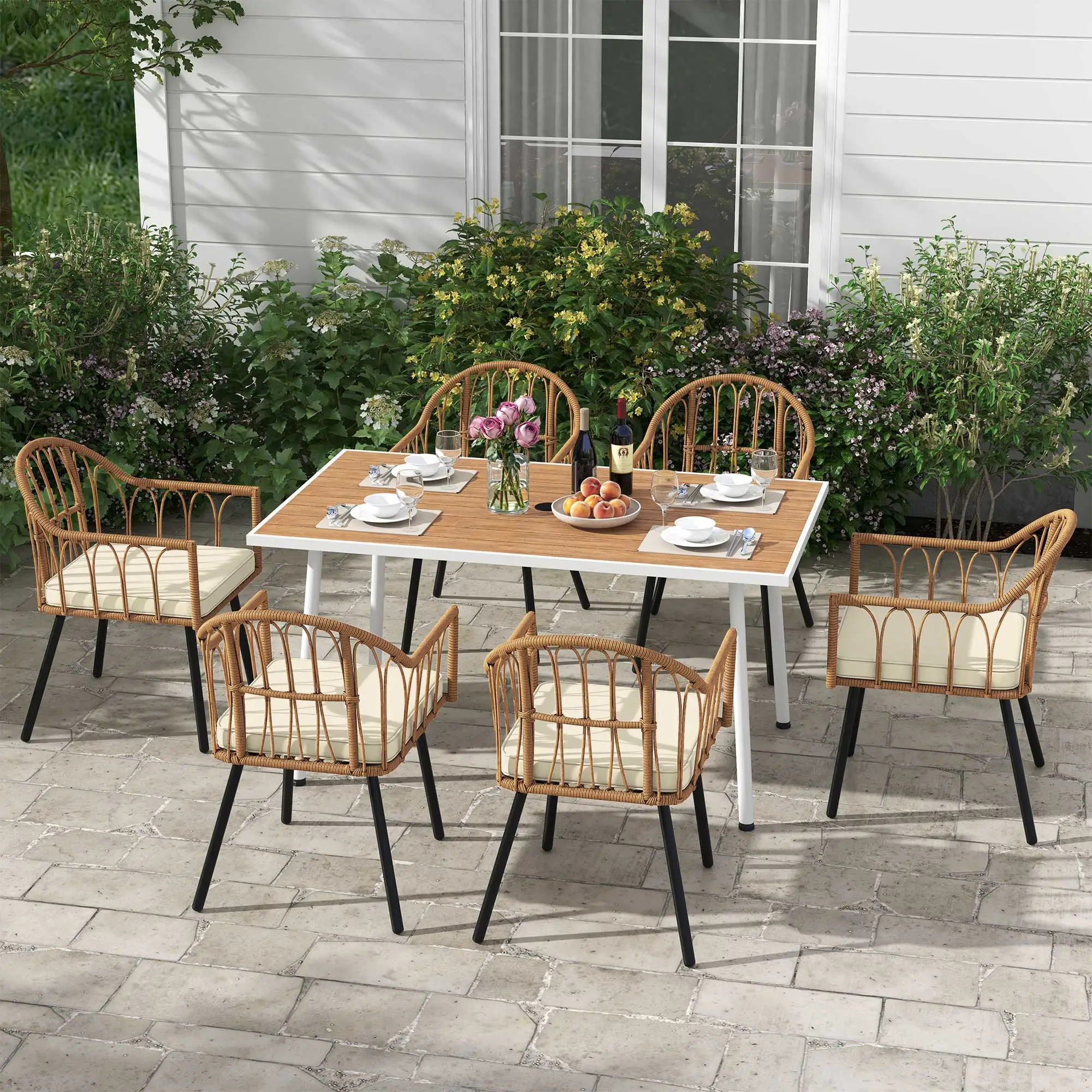 7 PCS Outdoor Dining Set Patio Rattan Wicker Furniture for Backyard Porch Garden Weather-Resistant