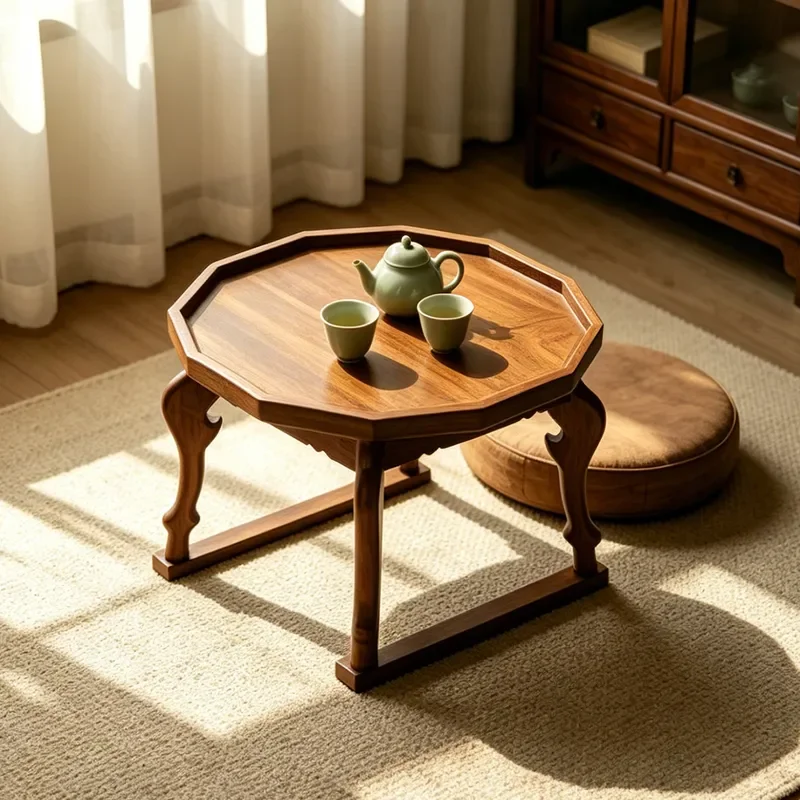 Antique Round Low Tea Table Chinese Style Tiger Foot Plate Small Leisure Table for Courtyard Landscape B&B Tea Room Decor