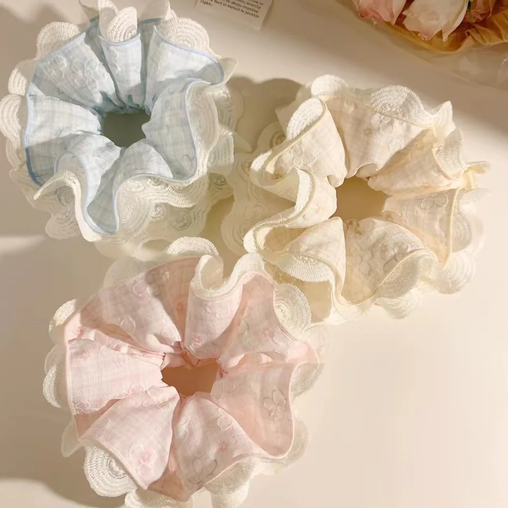 1/3pcs Cute Plaid Lace Ruffle Large Scrunchies Floral Soft Fabric Hair Ties Sweet Pastel Color Elastic Hair Bands Women Girls