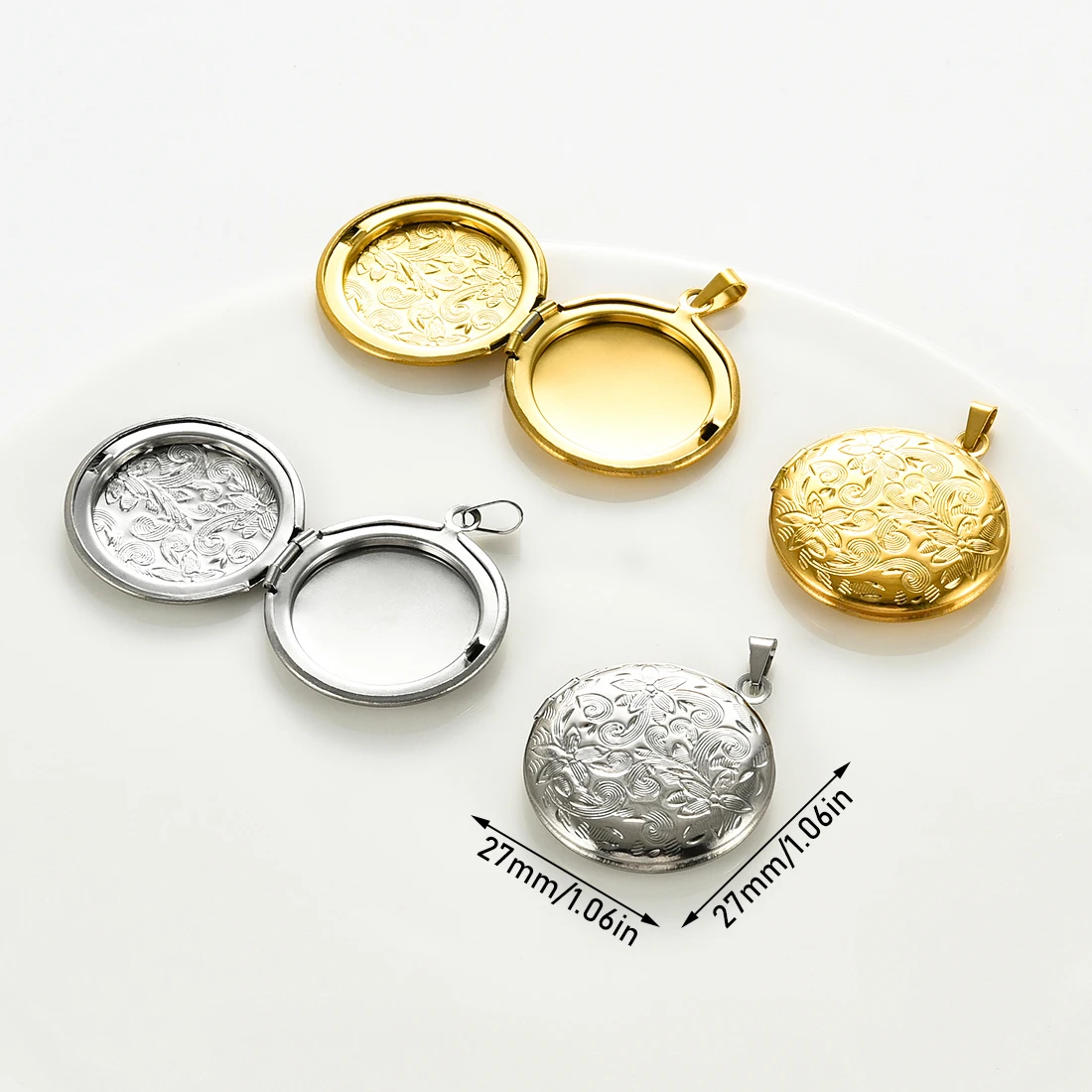 Round Flower Carved Photo Frame Locket Pendant Necklace Stainless Steel Men Women Mirror Polish Openable Memorial Chain Jewelry