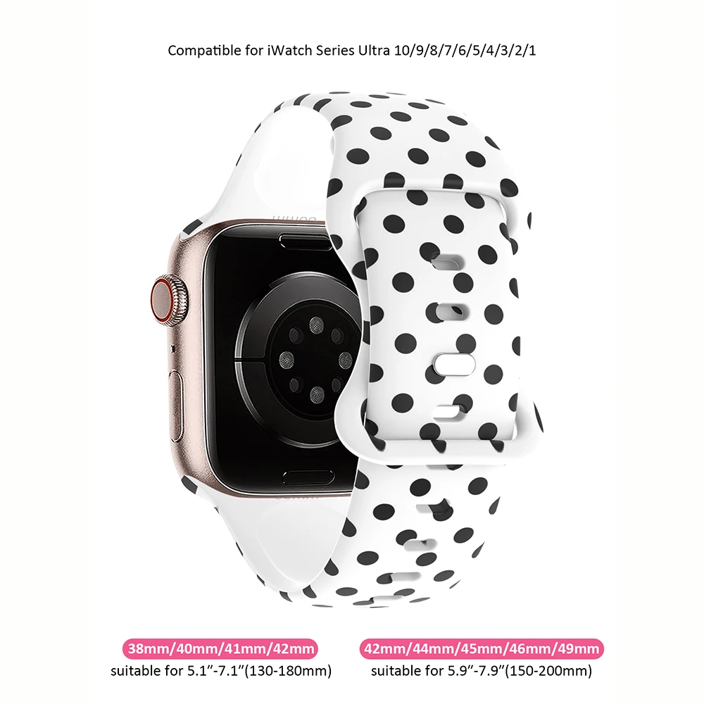 Stylish Watch Band for Apple Watch 40/41/42/44/45/46/49mm, Black and White Polka Dot Soft Silicone Strap, iWatch Series11 10 987
