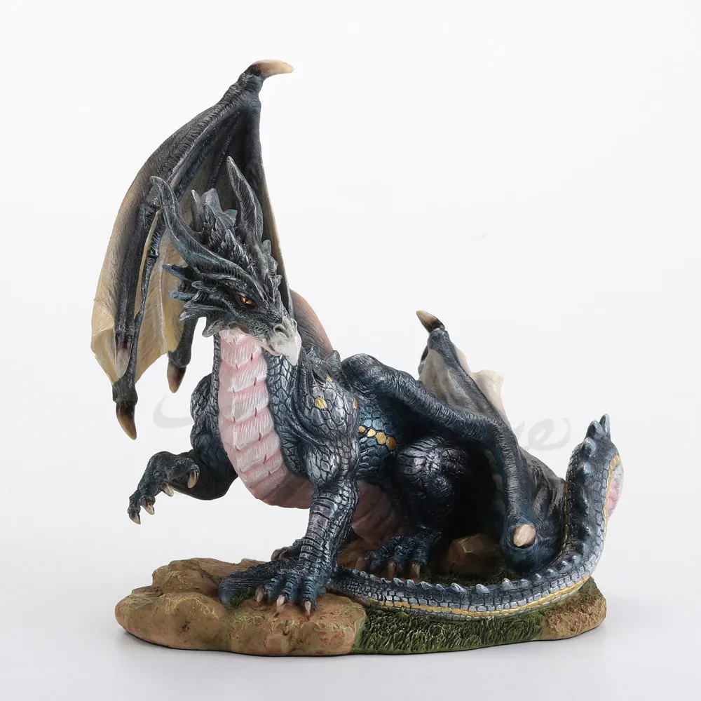 Dark Blue Midnight Dragon Resin Figurine Fantasy Crouching Dragon Statue Rock Base Mythical Creature Desktop Ornament Home Decor