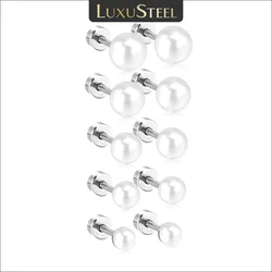 LUXUSTEEL 5Pairs/Lot Imitation Pearl Stud Earrings For Women Men Stainless Steel White Black Freshwater Pearls 4/5/6/7/8mm