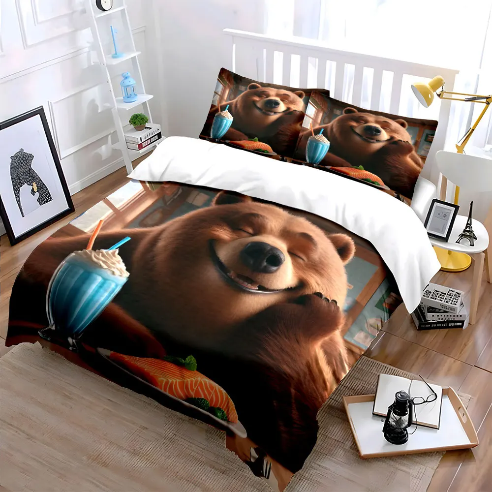Smiling bear with salmon milkshake Print Soft Comfortable Duvet Cover Bedding Set Included 1*Duvet Cover 2*Pillowcases
