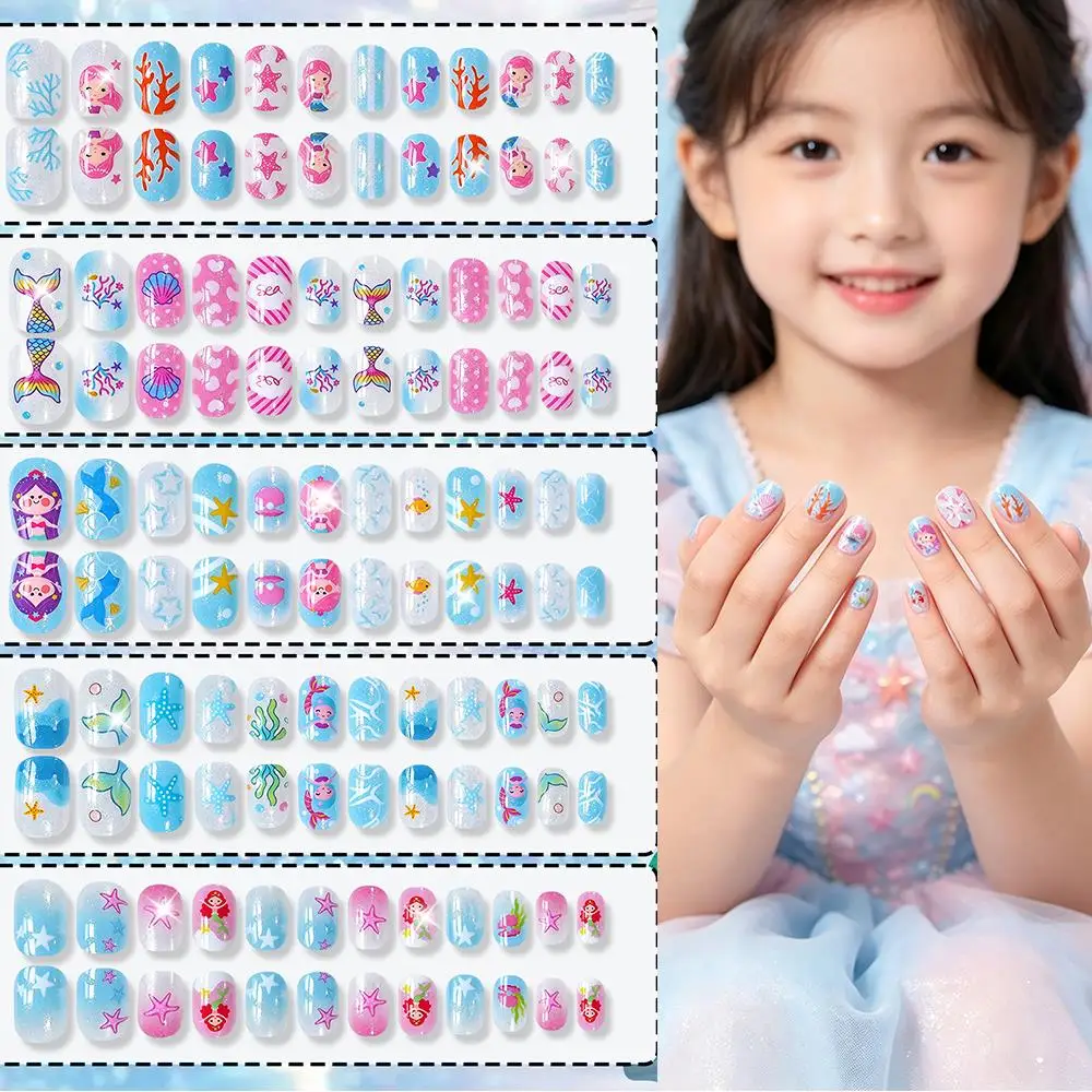 120Pcs Mermaid Princess Kids Press On Nails Starfish Shell Coral Short Round Fake Nail for Girls Birthday Party False Fingertips