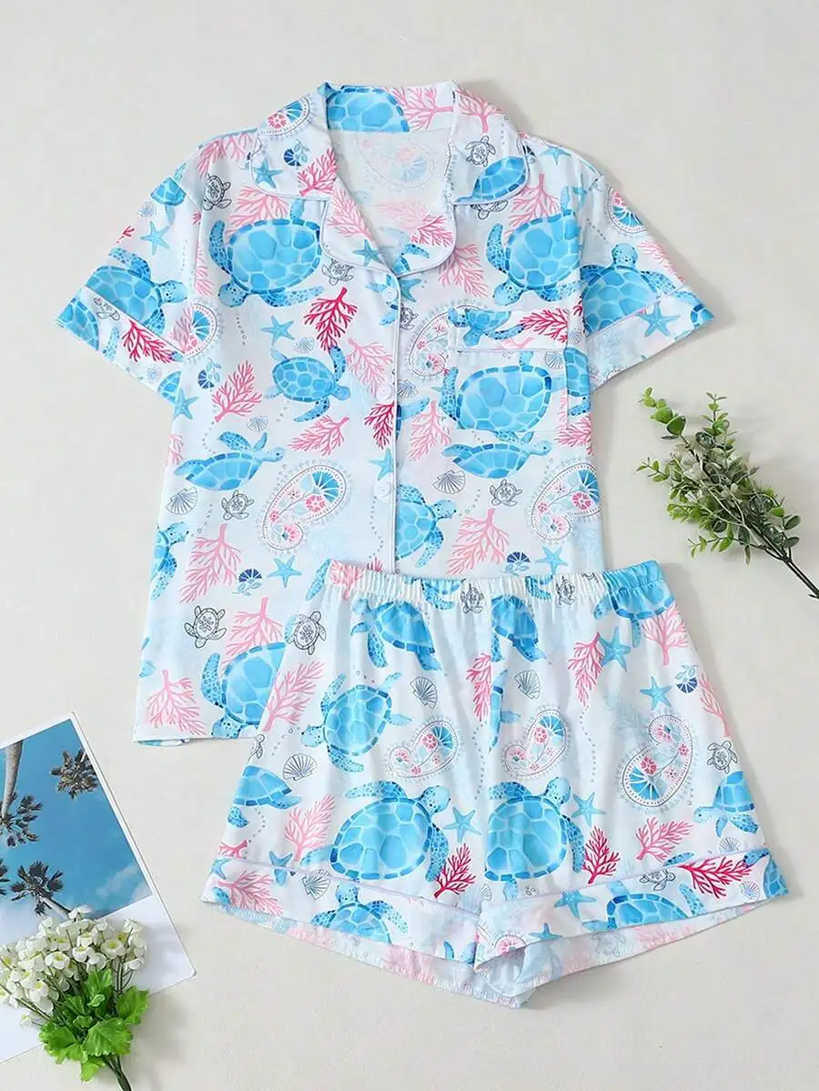 

2PCS Women Marine Turtle Print Pajama Set Short Sleeve Button Down Shirt And Shorts