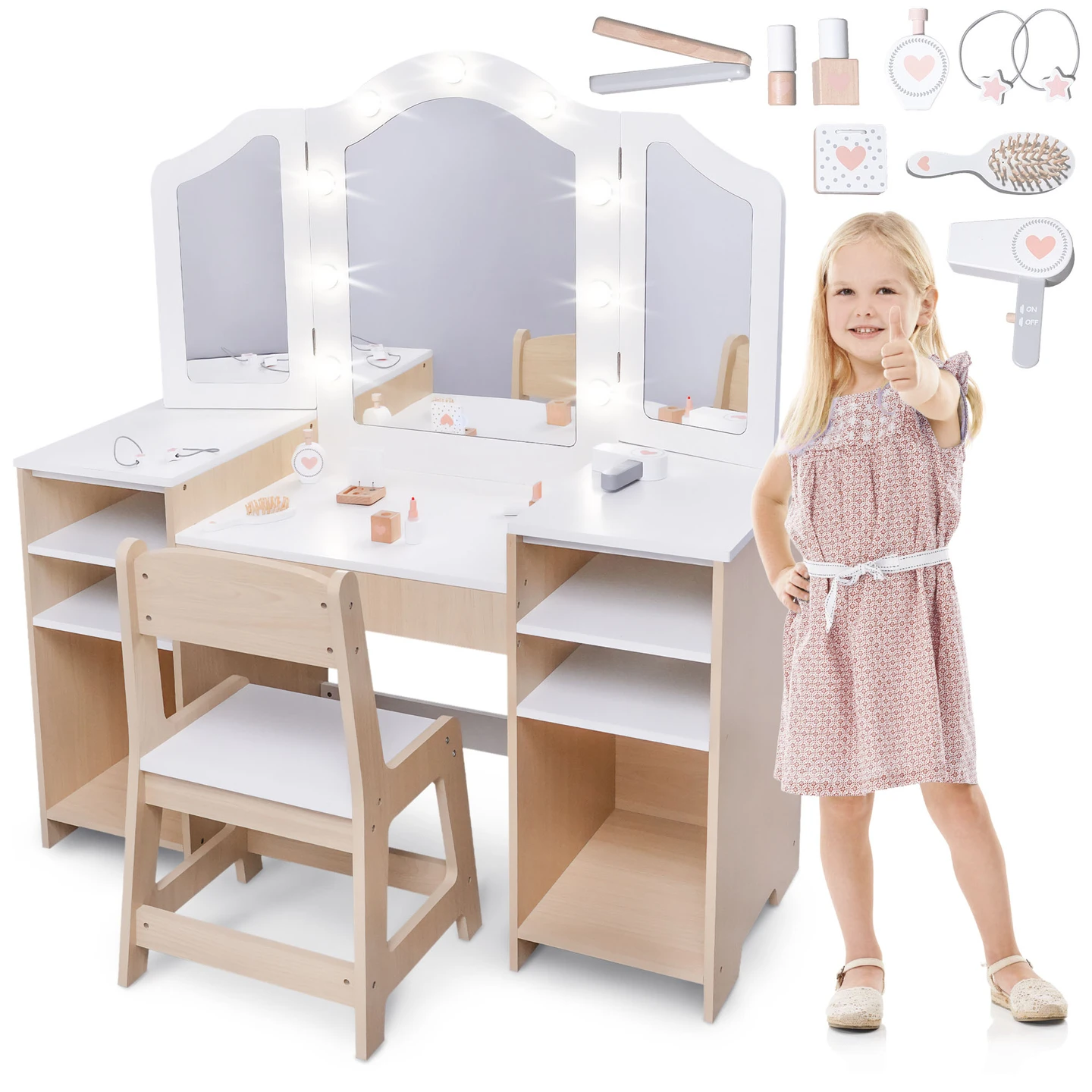 Mamabrum Houten toilet met stoel en accessoires LED-spiegelset voor meisjes Schoonheidssalon Fun 3+
