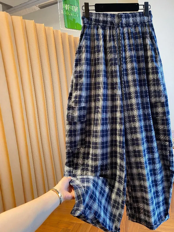 

High-End Women's plus Size Plaid Pants Spring Summer Loose Slimming Versatile Ele Age-Defng Wide Leg Pants