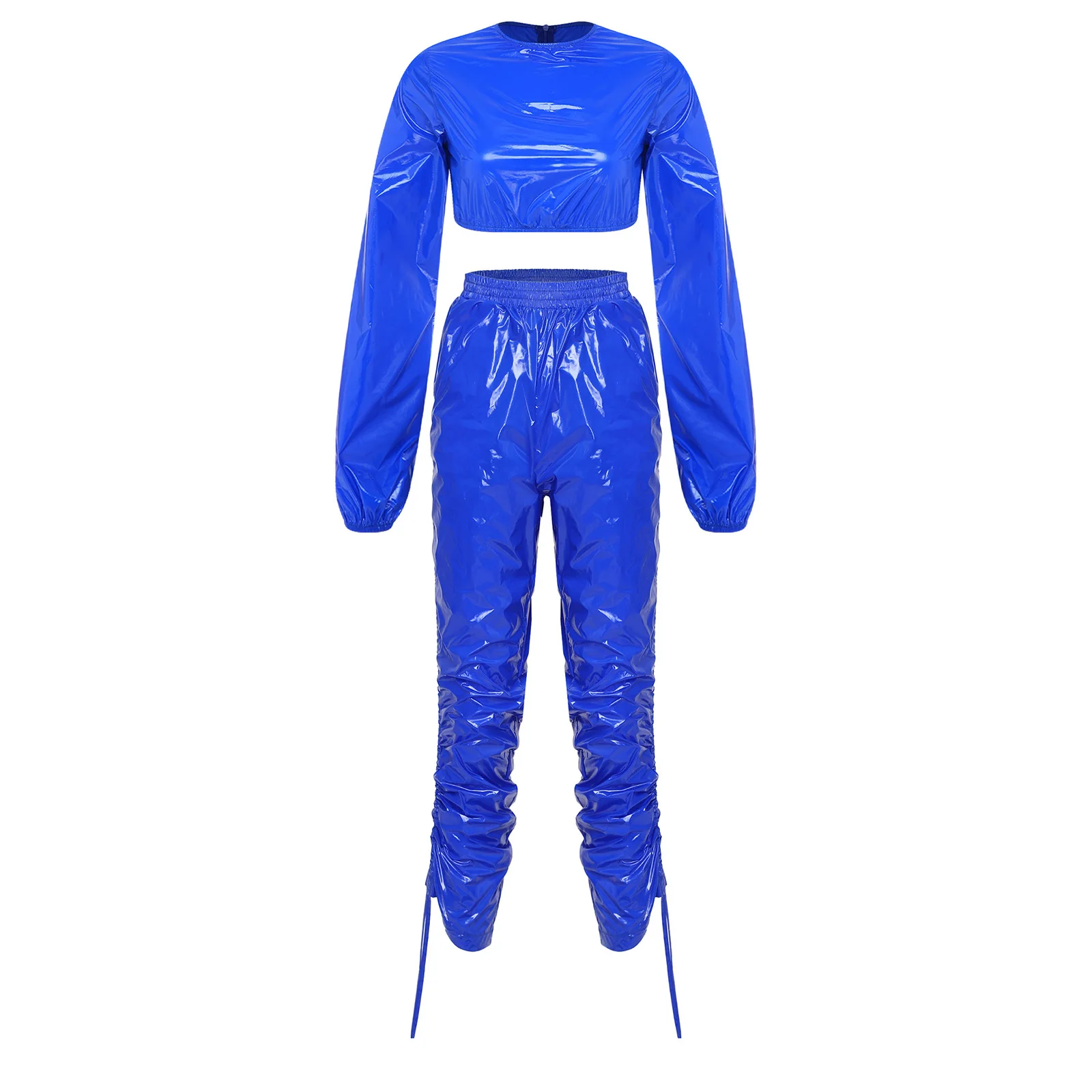 Women Vinyl Waterproof Sweat Suit Rave Party Crew Neck Long Sleeve Zipper Crop Top And Capri Pants with Drawstrings for Workout