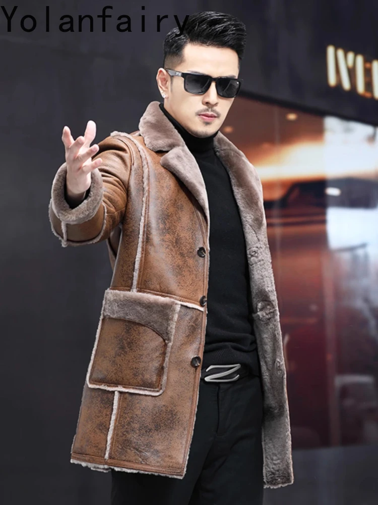 YOLANFAIRY Original Natural Fur Coat Man Top Quality Real Sheep Shearling Jackets Men Winter Mid-length Genuine Leather Jacket