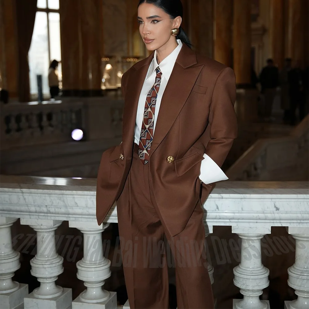 Women 2 Piece Double Breasted Suit Oversized Blazer Loose Casual Peaked Lapel Business Formal Interview Professional Lady Set