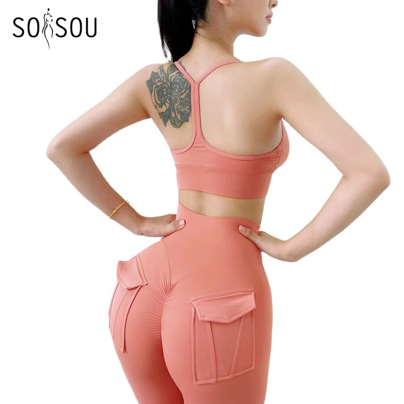 SOISOU Nylon Gym 2 Piece/set Women's Tracksuit Sportswear Yoga Sports Bra Leggings For Women Suit For Fitness chandals mujer