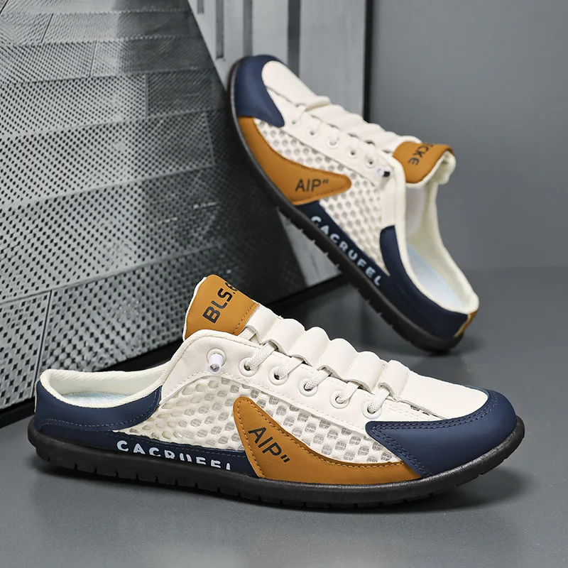 الصيف الرجال شبكة الانزلاق على نصف النعال موضة رجل الصنادل الرياضية تنفس جودة أحذية البازلاء غير رسمية للرجال المتسكعون الفاخرة