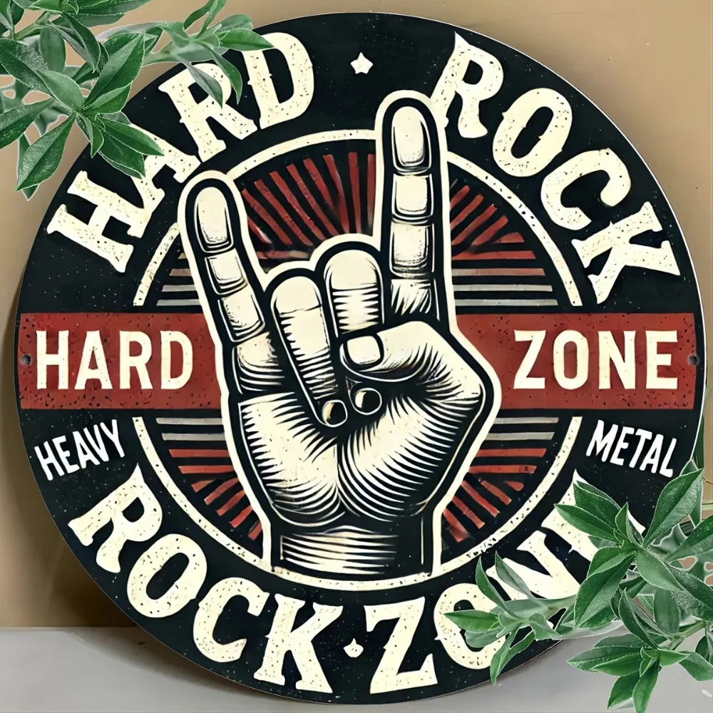 Vintage Rock Hand Gesture Aluminum Sign Metal Plaque Round Wall Decor Bar Poster 8 Inch Easy Hang