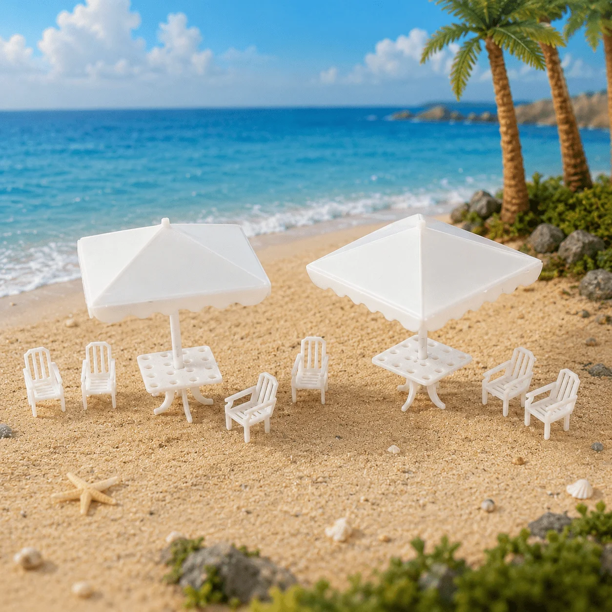 8pcs/set Miniature Beach Furniture Set for Micro-landscape, 2 Beach Umbrellas with 6 Chairs, Tiny Seaside Patio Accessories