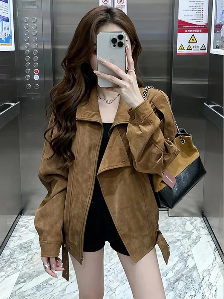 Women Faux Leather Coats Solid Jacket Turn Down Collar Long Sleeves Zipper Hem Belt Loose Fit Moto Streetwear 2026 Autumn Winter