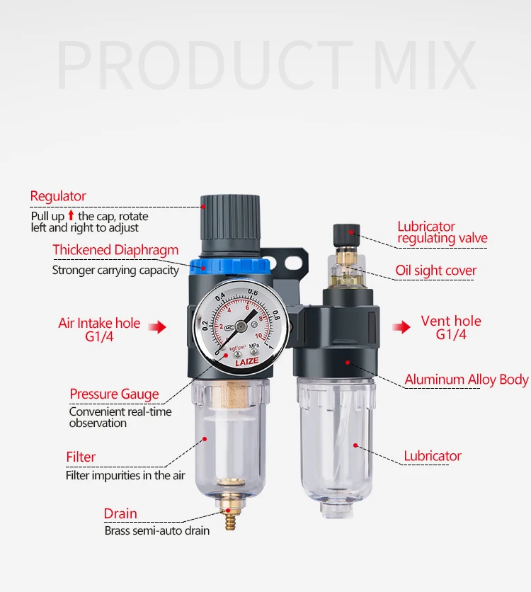 LAIZE Qualitäts-FRL Luftfilter Druckregler Schmiergerät Kombiniert Automatischen Ablass Mit Manometer AFC2000 AFC2000D – Detail 3