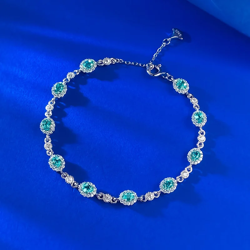 S925 Silver Bracelet Paraiba Blue 3 * 4mm Elliptical Zircon Adjustable Length Female Jewelry