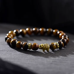 Charm Men Gold Color Elephant Beads Bracelet 8mm Natural Tiger Eye Stone Bracelets & Bangles Handmade Yoga Jewelry