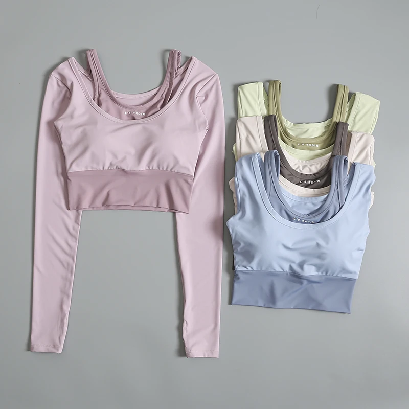 Women's Yoga Sportswear Long Sleeve Fitness Top with Chest Pad Belly Baring Color Block High-End Sensation Summer Sportswear