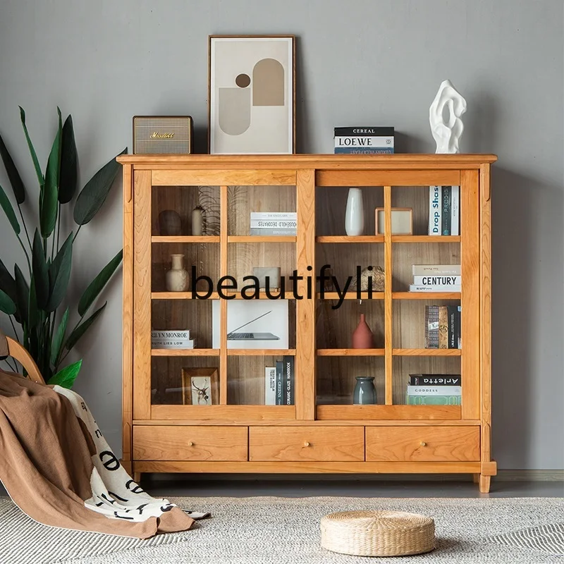 

Nordic Japanese Style Bookshelf Cherry Wood Oak Living Room Glass Door Display Storage Vintage Cabinet