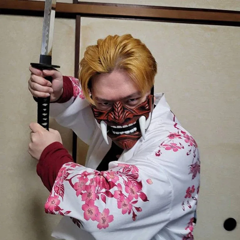 CyEraspooky Half Face Assassin Ronin Samurai Mask Demon Oni Mempo Japanese Latex Mask For Adult