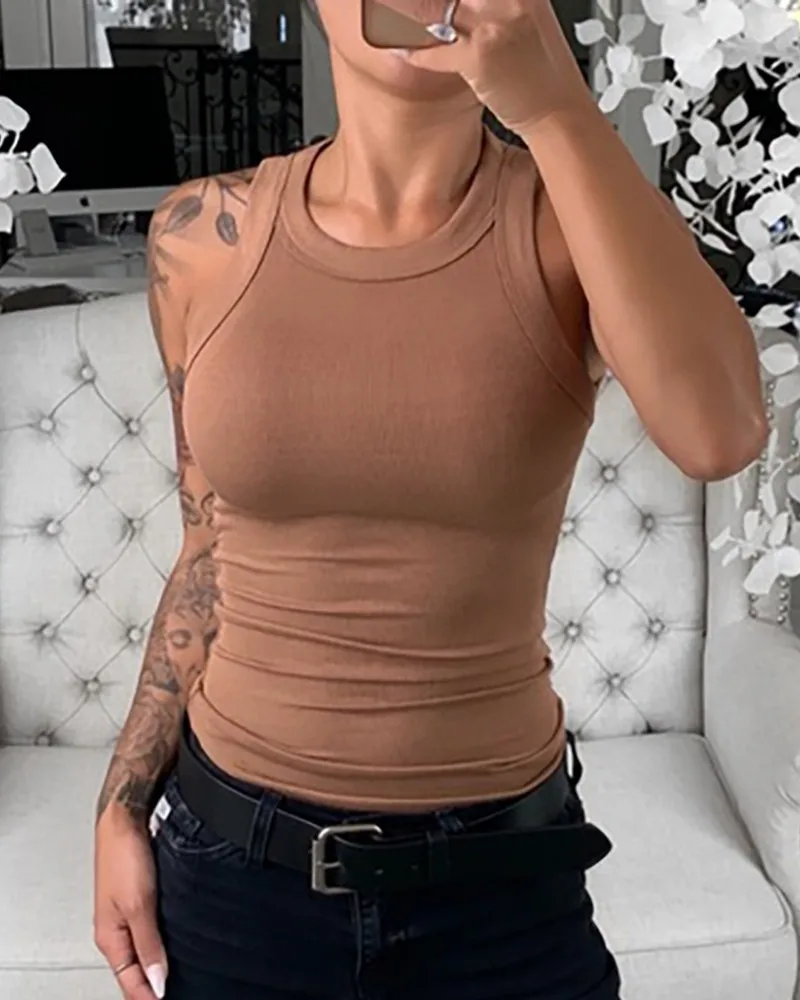 Retro Brown Solid Basic Tank Tops Elegant O-Neck Women Sleeveless Skinny Sportwear Crop Top Casual Streetwear Knit Ribbed Tees