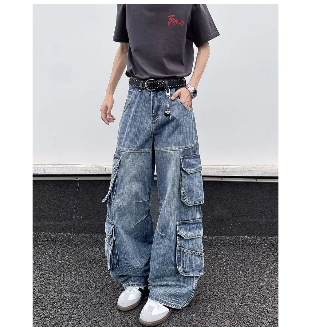 

Мужские джинсы в рабочем стиле с широкими штанинами, множеством карманов, прямым кроем, свободного кроя, повседневные брюки, винтажный американский дизайн