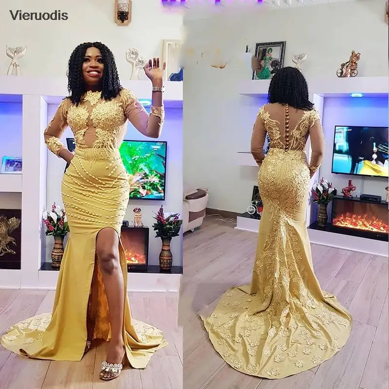 

Gold Mermaid Evening Dresses Side Slit 3/4 Sleeve Lace Appliques Button Floor Length Party Prom Gowns Satin Sweep Train 2022